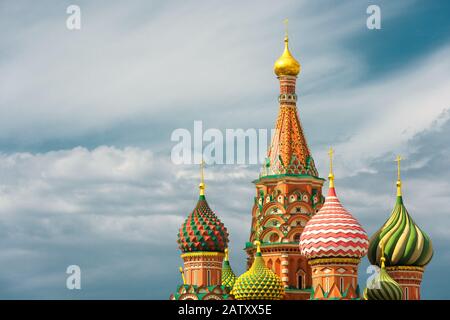 The Cathedral of Vasily the Blessed, or Saint Basil`s Cathedral, in the Red Square in Moscow, Russia. St. Basil's Cathedral is a famous monument of Ru Stock Photo